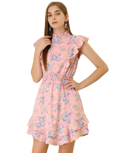 Floral Mock Neck Sleeveless Tiered Smocked Waist Ruffle Mini Dress