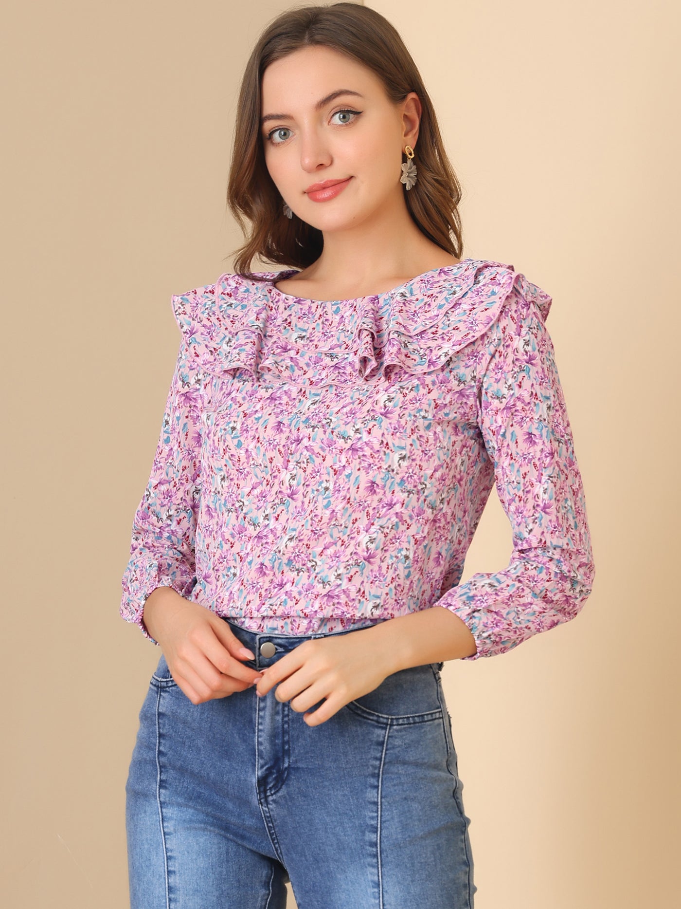 Allegra K Ruffle Long Sleeve Round Neck Floral Blouse