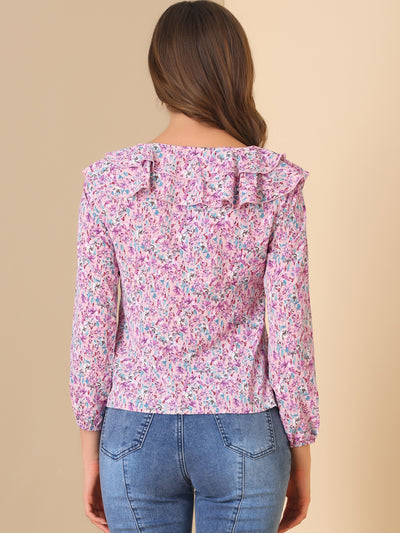 Ruffle Long Sleeve Round Neck Floral Blouse