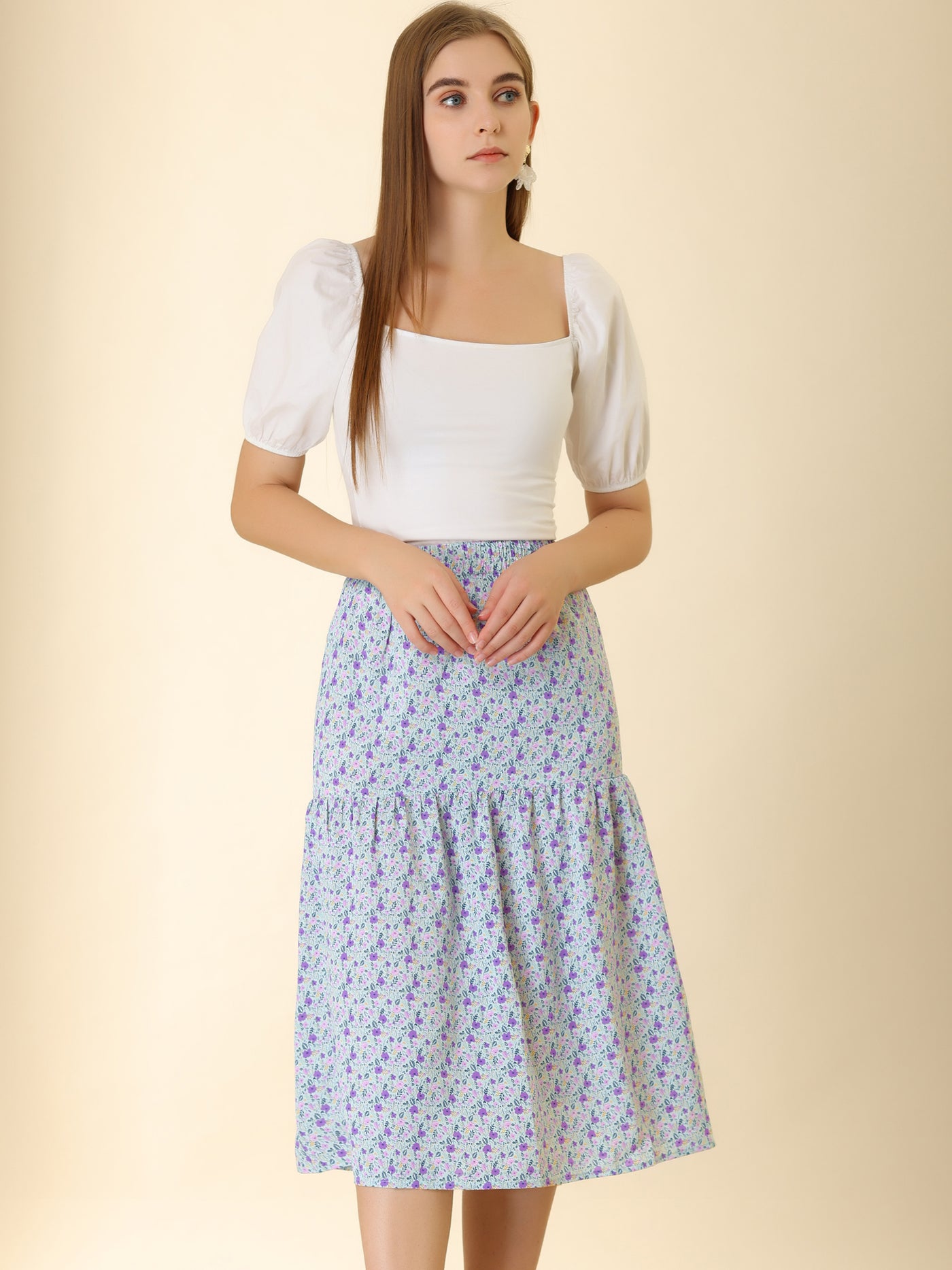 Allegra K Vintage A-Line Elastic Waist Floral Flowy Midi Skirt
