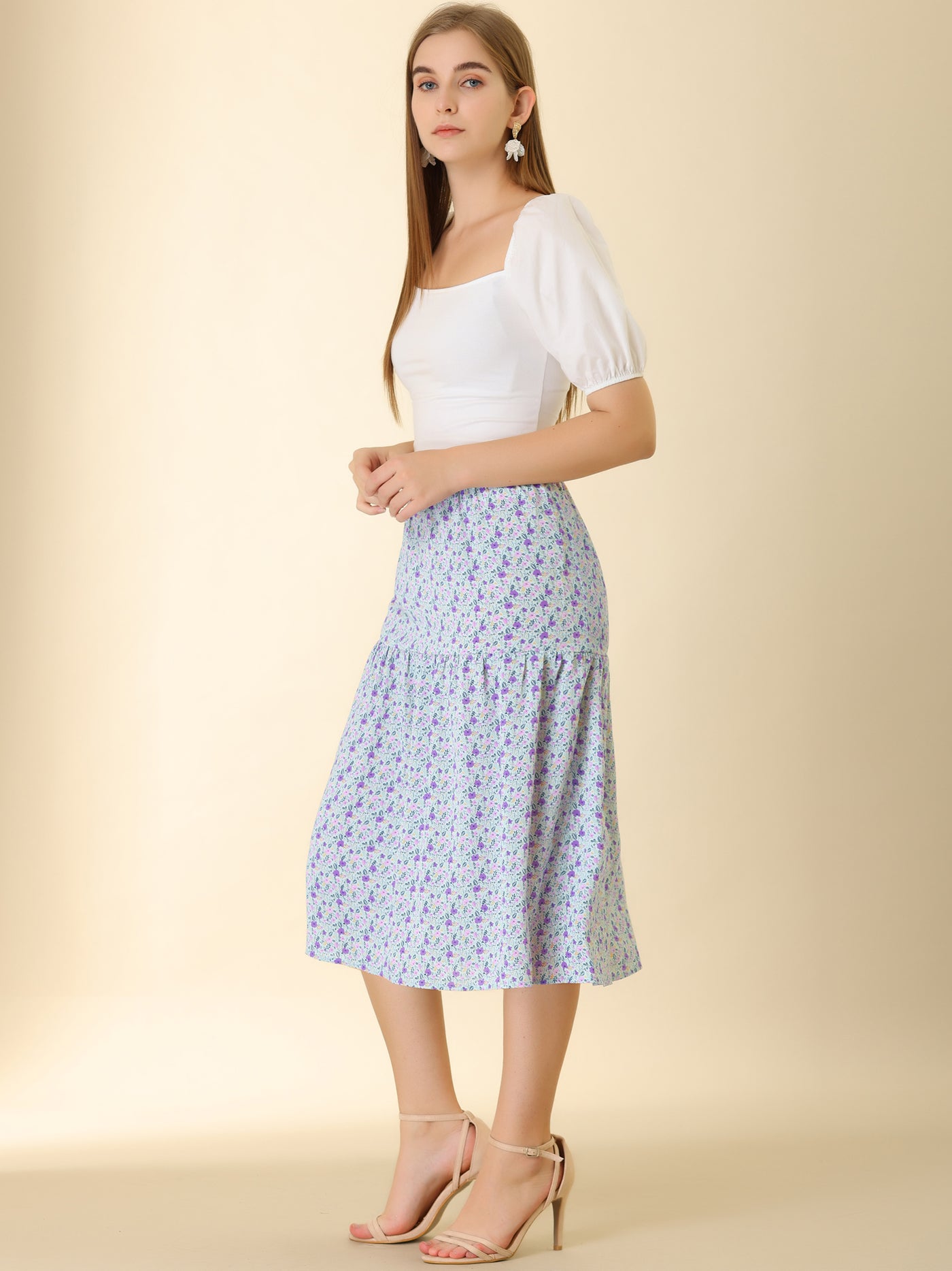 Allegra K Vintage A-Line Elastic Waist Floral Flowy Midi Skirt