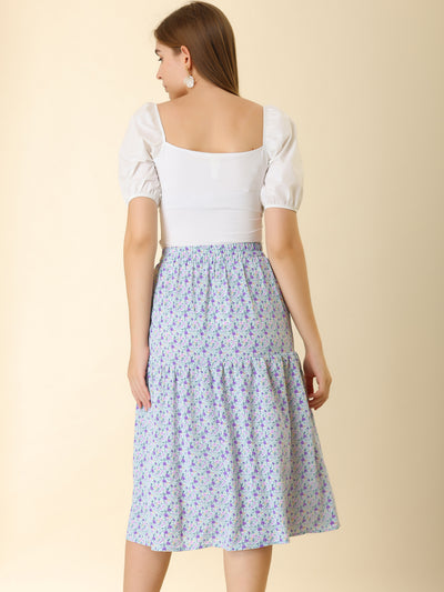 Vintage A-Line Elastic Waist Floral Flowy Midi Skirt