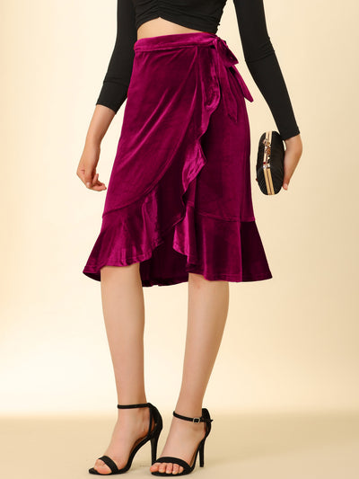 Allegra K Velvet Ruffle A-Line Asymmetric Hem Tie Waist Elegant Wrap Skirt