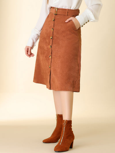 Allegra K High Waist Button Front A-Line Belted Corduroy Midi Skirt