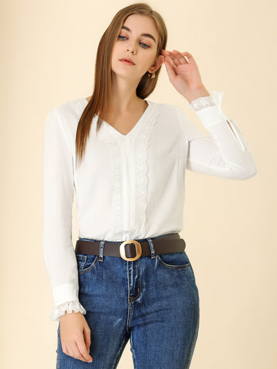 Lace Panel Tops V Neck Casual Long Sleeve Blouse