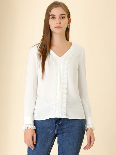 Lace Panel Tops V Neck Casual Long Sleeve Blouse