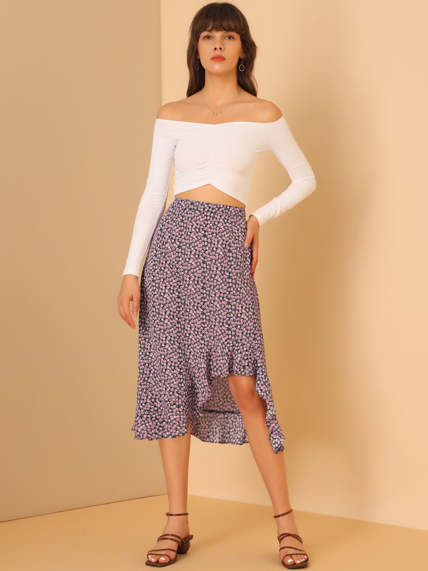 Allegra K Floral Print Ruffle High Waist Flowy Asymmetrical Midi Skirt