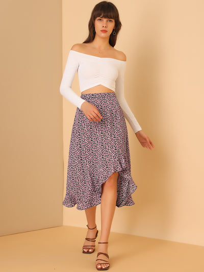 Floral Print Ruffle High Waist Flowy Asymmetrical Midi Skirt