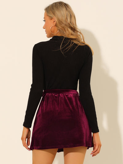High Waist Button Decor A-Line Skater Velvet Mini Skirt