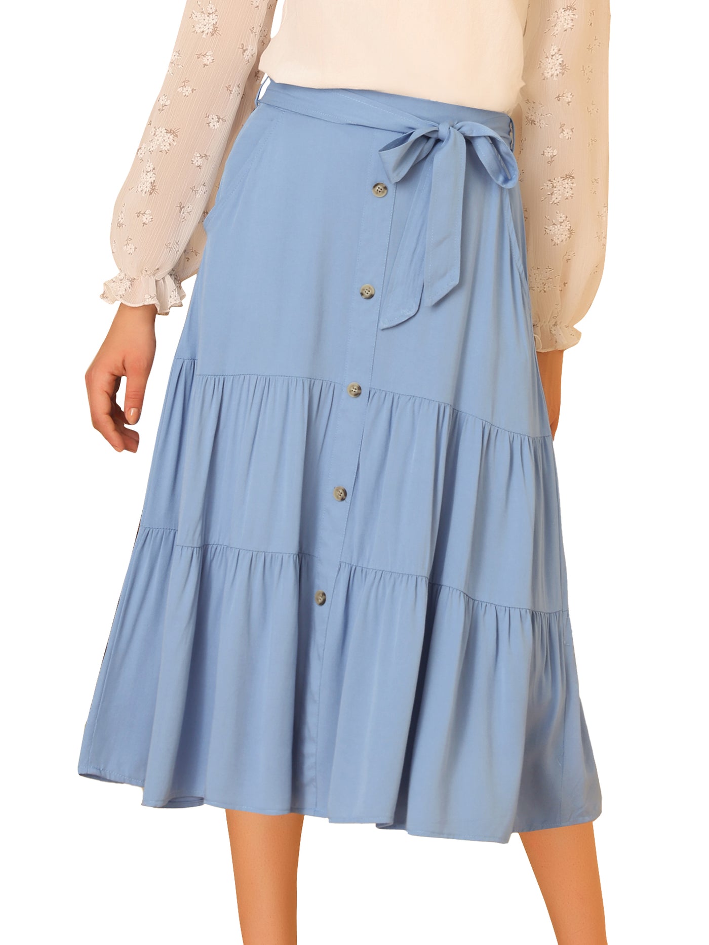 Allegra K High Waist Button Decor A-Line Solid Color Tiered Midi Skirt