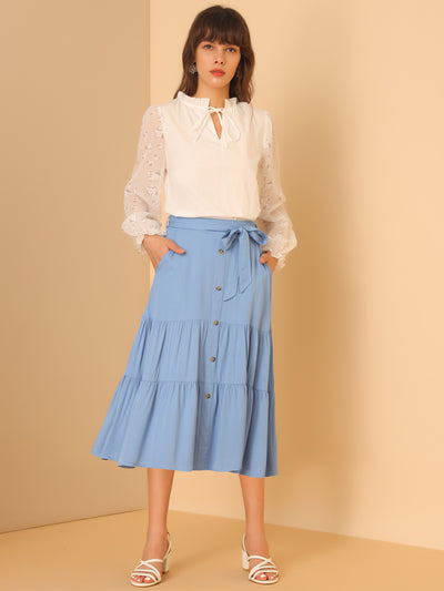 High Waist Button Decor A-Line Solid Color Tiered Midi Skirt