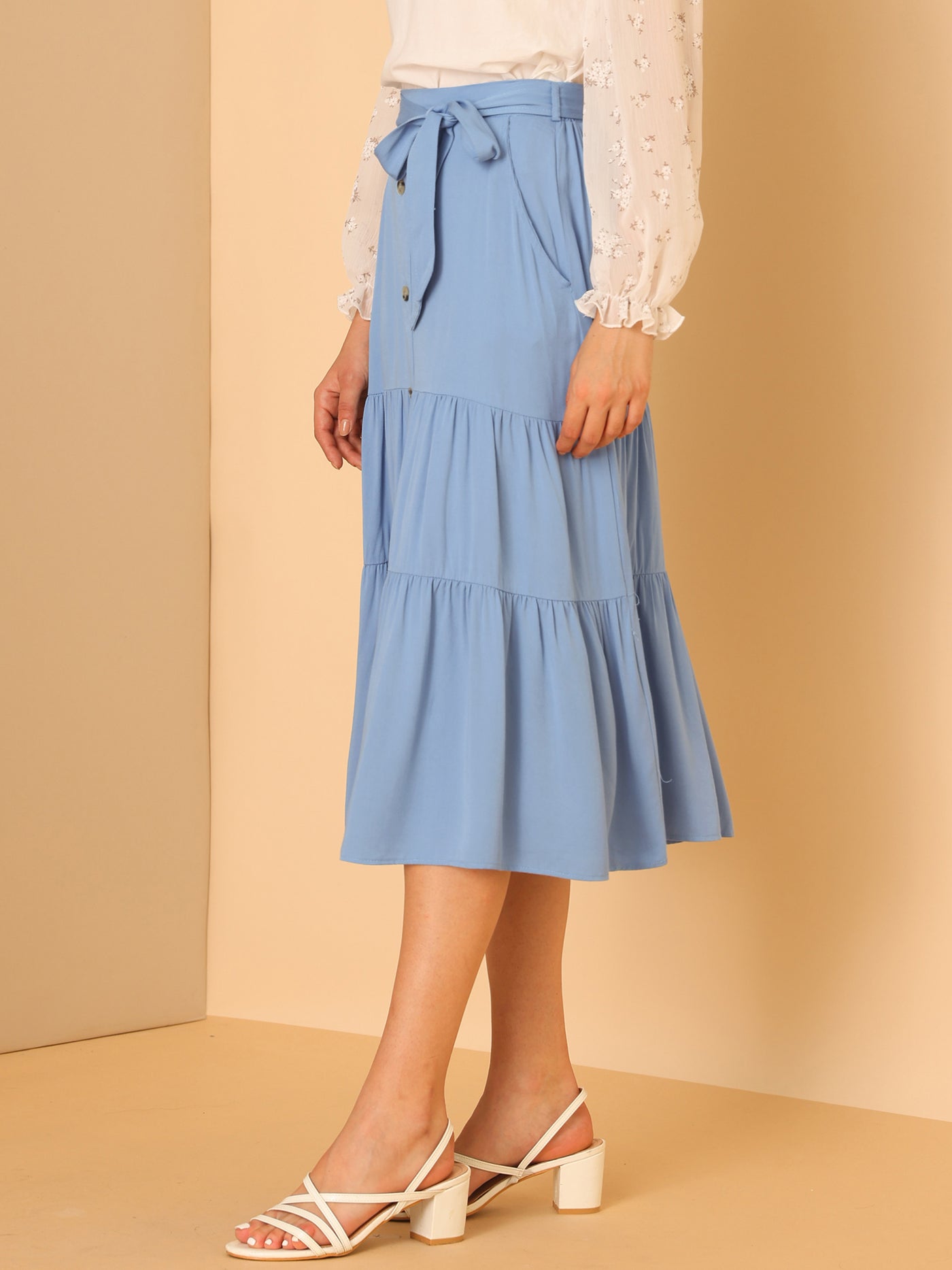 Allegra K High Waist Button Decor A-Line Solid Color Tiered Midi Skirt