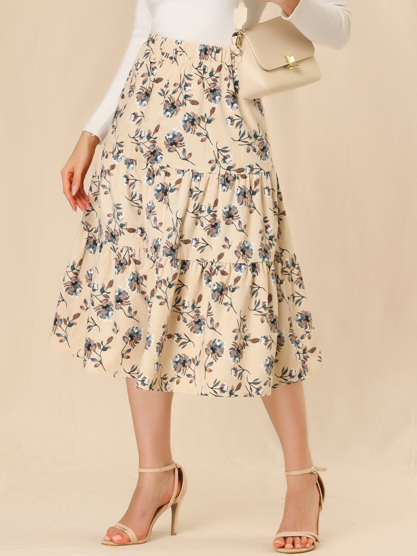 Allegra K Corduroy Elastic Waist A-Line Pockets Tiered Floral Midi Skirt