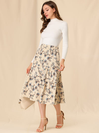 Corduroy Elastic Waist A-Line Pockets Tiered Floral Midi Skirt