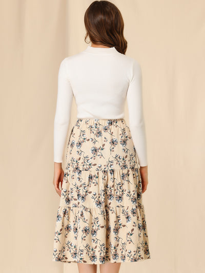 Corduroy Elastic Waist A-Line Pockets Tiered Floral Midi Skirt