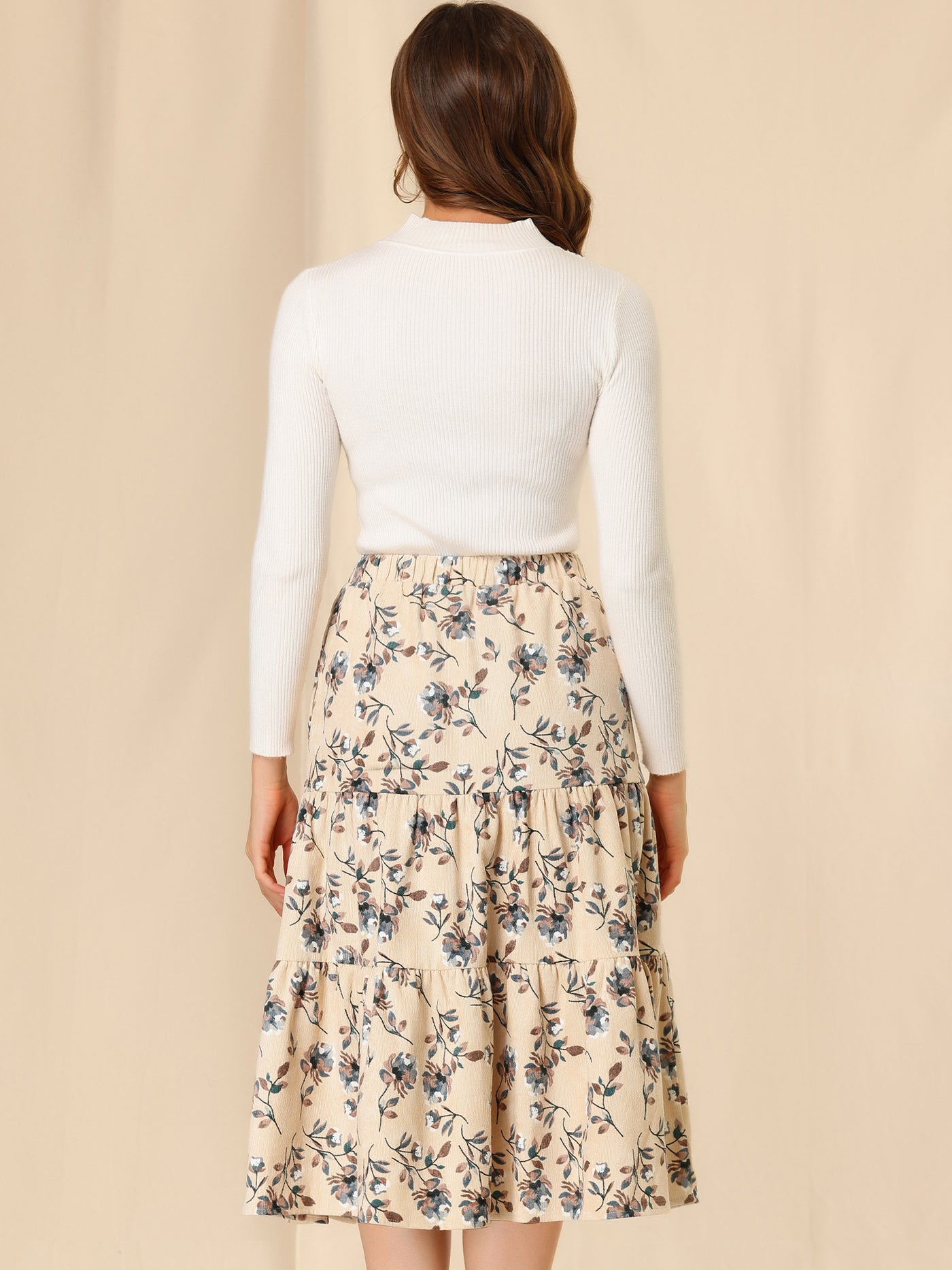 Allegra K Corduroy Elastic Waist A-Line Pockets Tiered Floral Midi Skirt