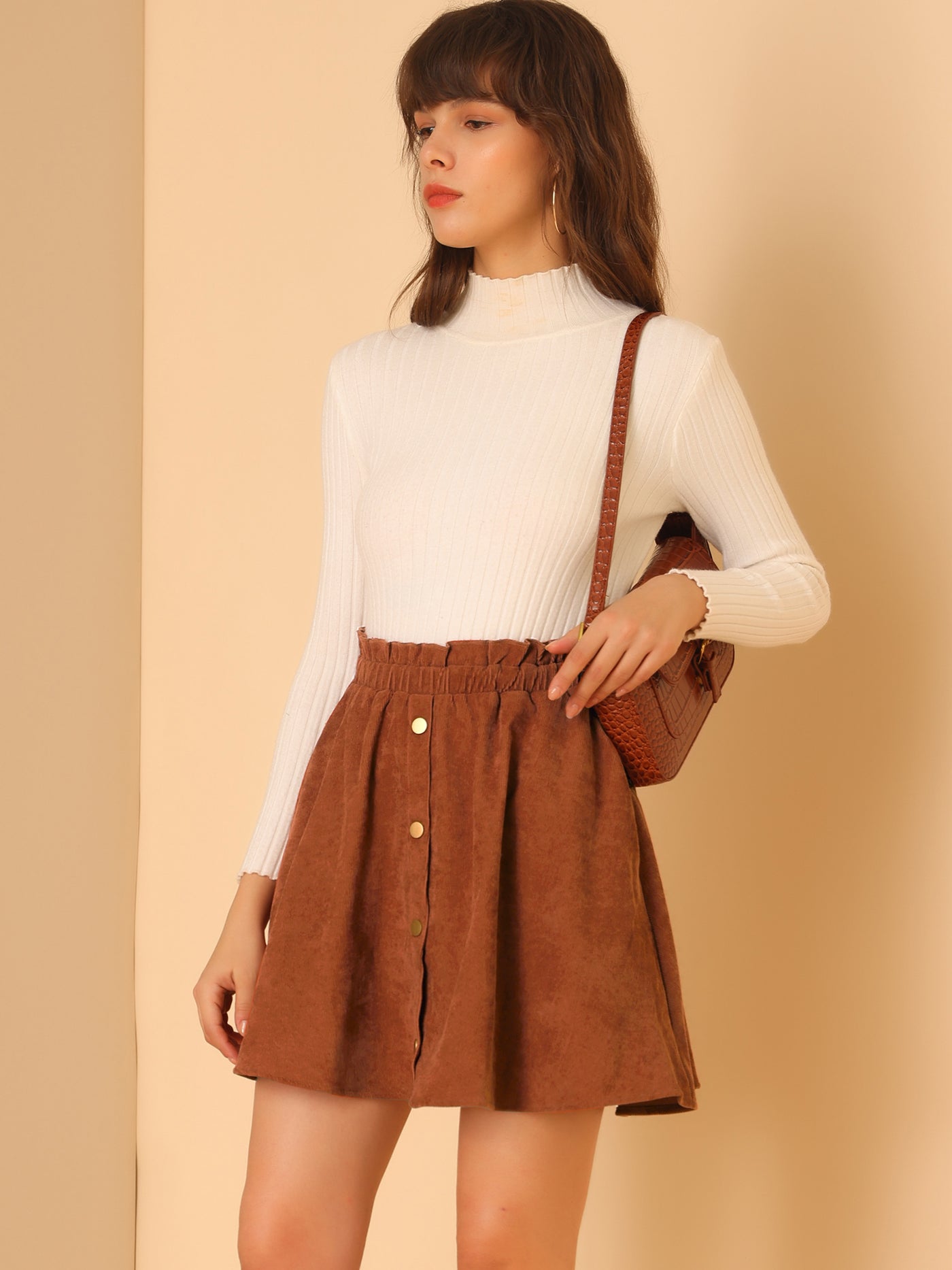 Allegra K Corduroy Elastic Waist A-Line Button Decor Mini Skirt with Pockets