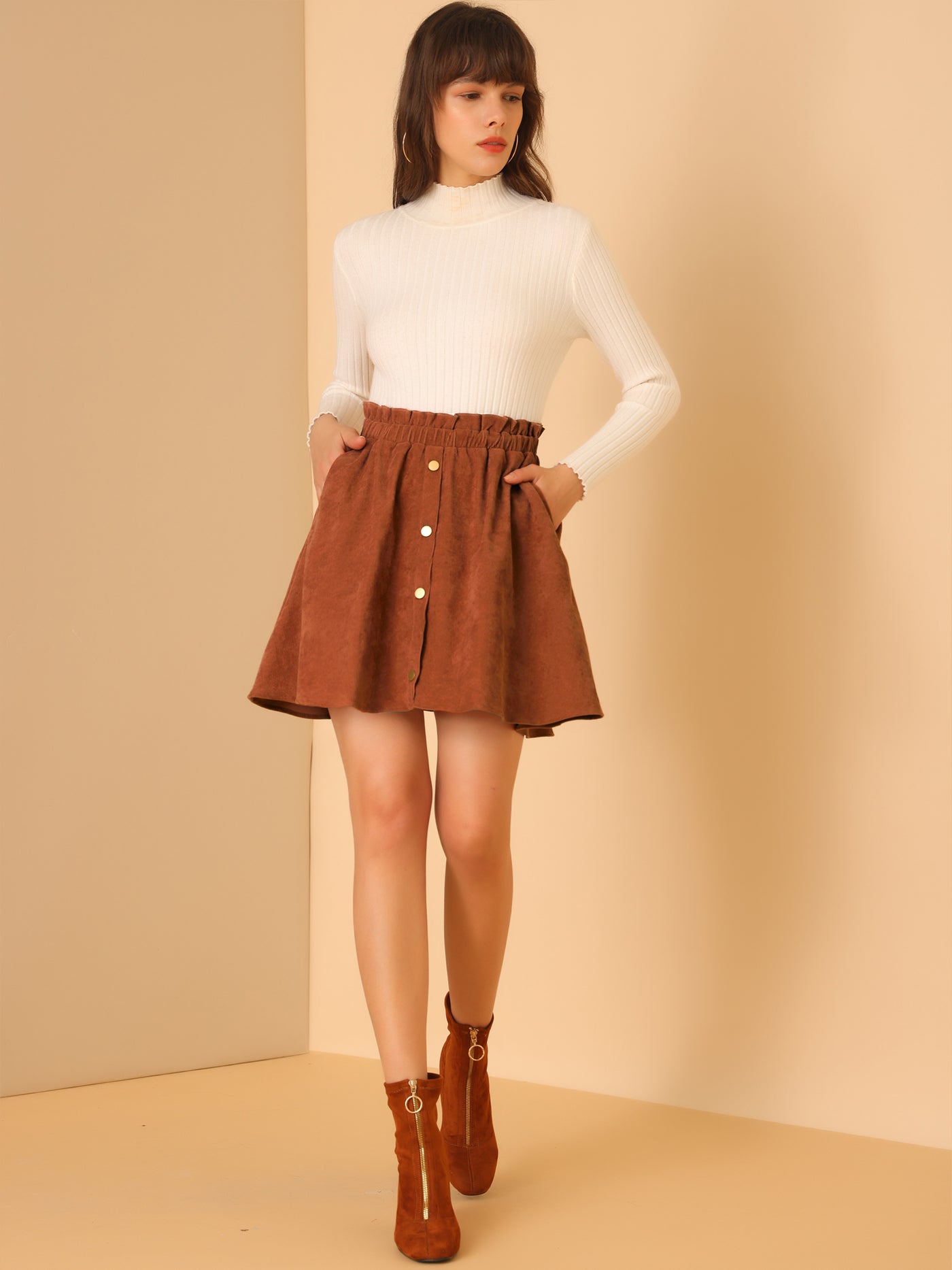 Allegra K Corduroy Elastic Waist A-Line Button Decor Mini Skirt with Pockets