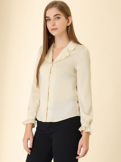 Long Sleeve Satin Casual Work Top Button Down V Neck Blouse
