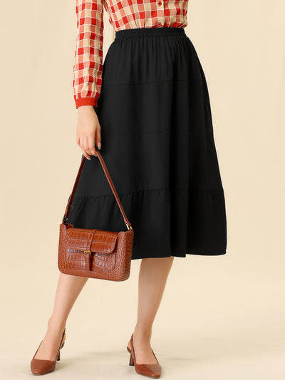 Peasant Vintage Elastic Waist Flowy A-Line Midi Skirt