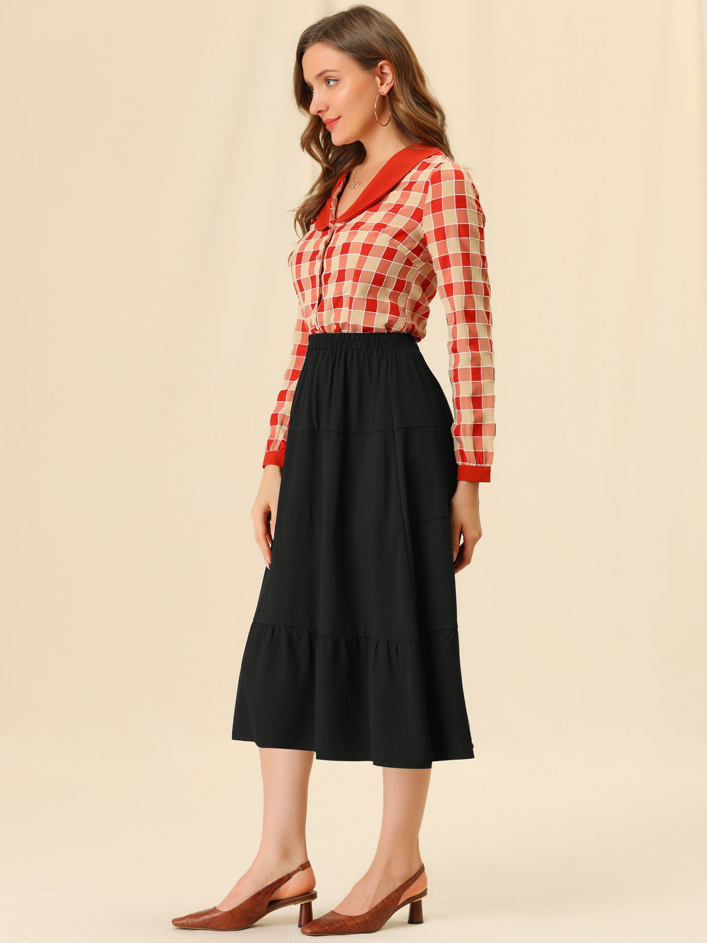 Allegra K Peasant Vintage Elastic Waist Flowy A-Line Midi Skirt