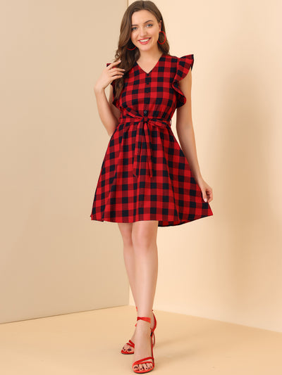 Casual Plaids Ruffled Sleeve A-Line Gingham Check Dress