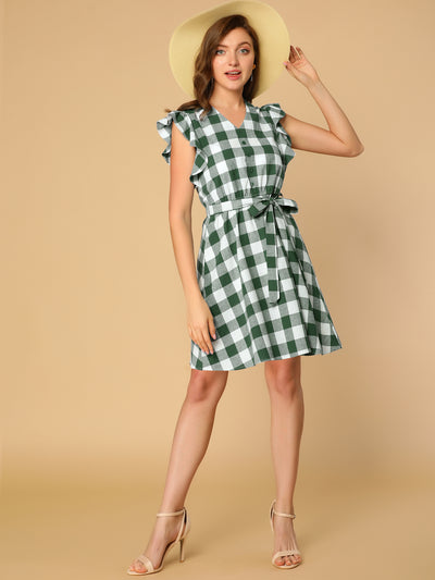Casual Plaids Ruffled Sleeve A-Line Gingham Check Dress