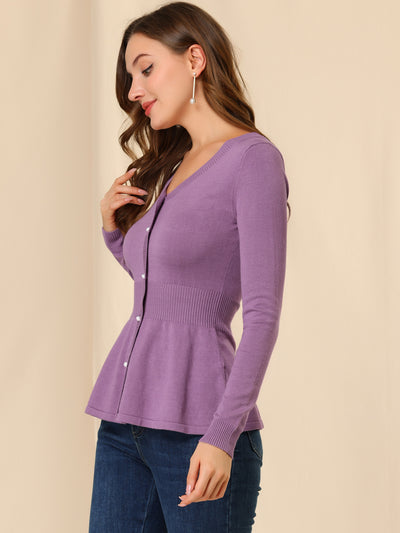 V Neck Long Sleeve Ribbed Pullover Knitted Peplum Top