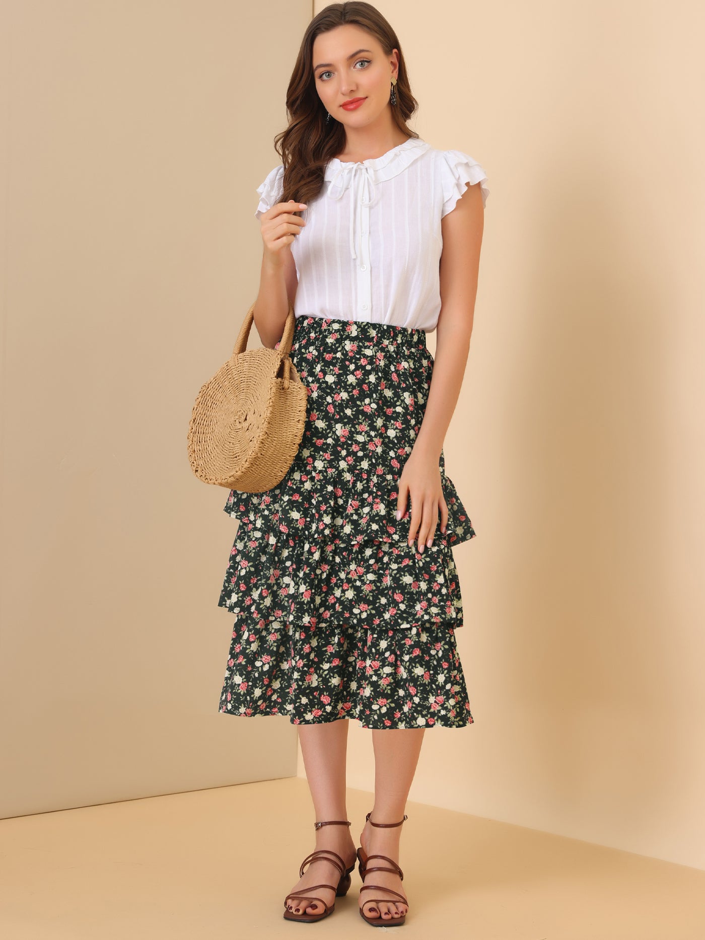 Allegra K Summer Elegant Layer Flowy Ruffle Boho Floral Midi Skirt