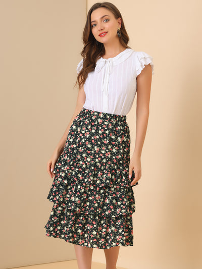 Summer Elegant Layer Flowy Ruffle Boho Floral Midi Skirt