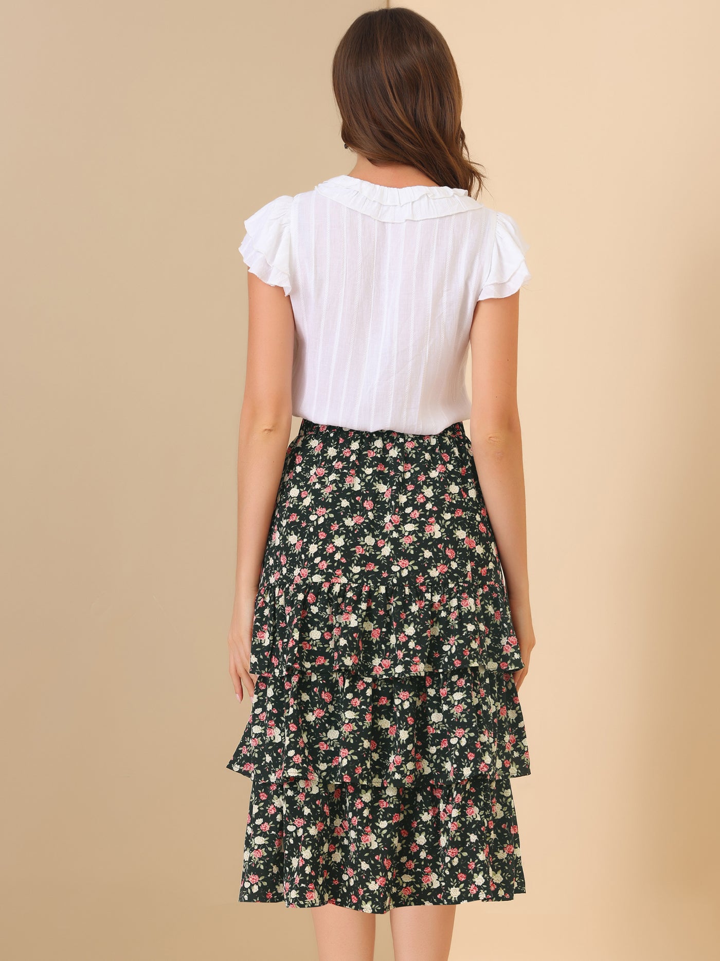 Allegra K Summer Elegant Layer Flowy Ruffle Boho Floral Midi Skirt