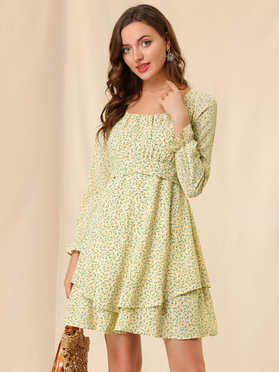 Floral Print Square Neck Long Sleeve Swing Tiered Layer Hem Dress