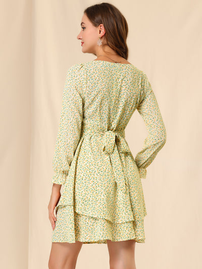 Floral Print Square Neck Long Sleeve Swing Tiered Layer Hem Dress