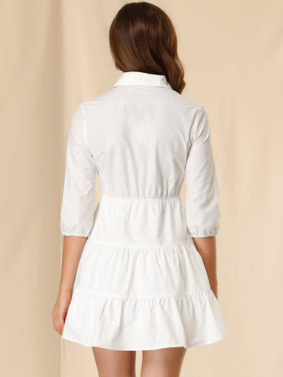 3/4 Sleeve Casual Fall Elastic Waist Cute Collared Tiered Mini Shirt Dress