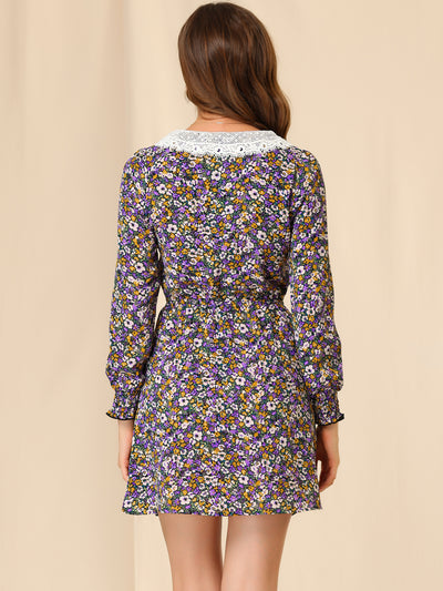 A-line Long Sleeve Elegant V Neck Floral Print Dress