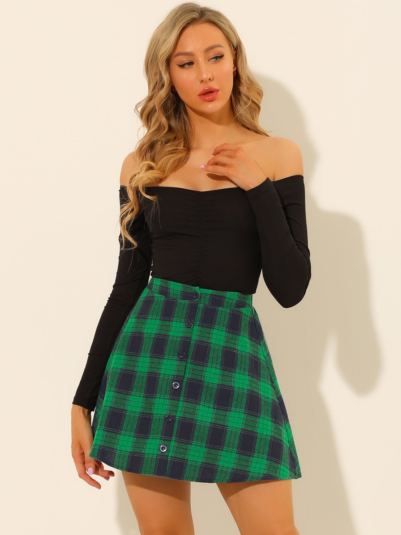 Allegra K Saint Patrick's Day Button Front A-Line Mini Plaid Skater Skirt
