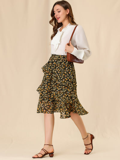 Floral Layered Elastic Waist Chiffon Ruffle Midi Skirt