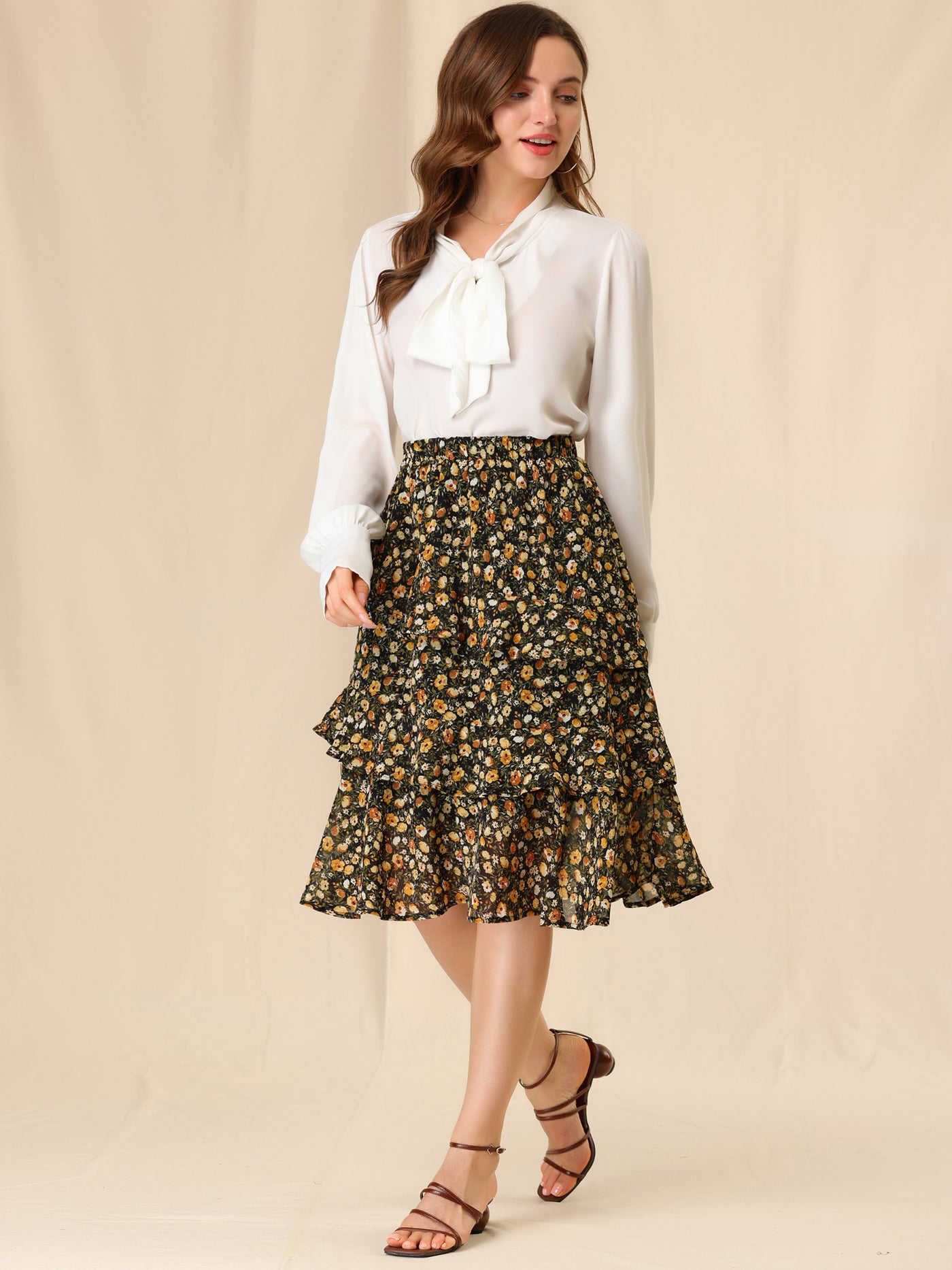 Allegra K Floral Layered Elastic Waist Chiffon Ruffle Midi Skirt