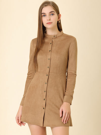 Allegra K Casual Long Sleeve Faux Suede Belted Button Down Mini Dress