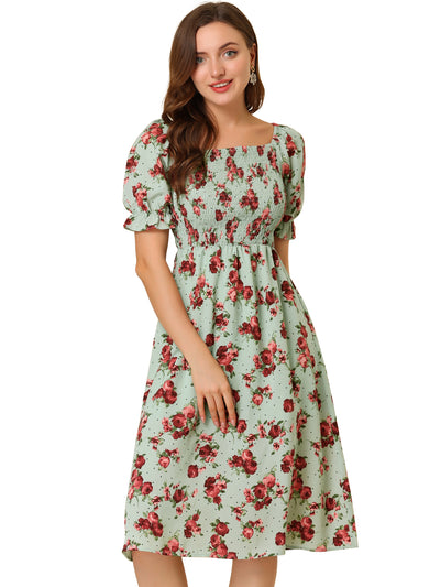 Square Neck Puff Sleeve Shirred Floral Casual Midi Dress