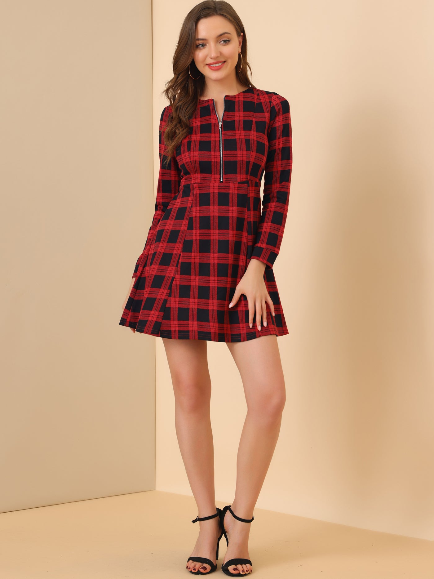 Allegra K Christmas Plaid Long Sleeve Office Zip Up Fit and Flare Mini Dress