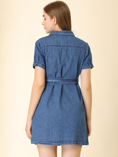 Jean Casual Collared Belted Button Down Denim Shirt Dress