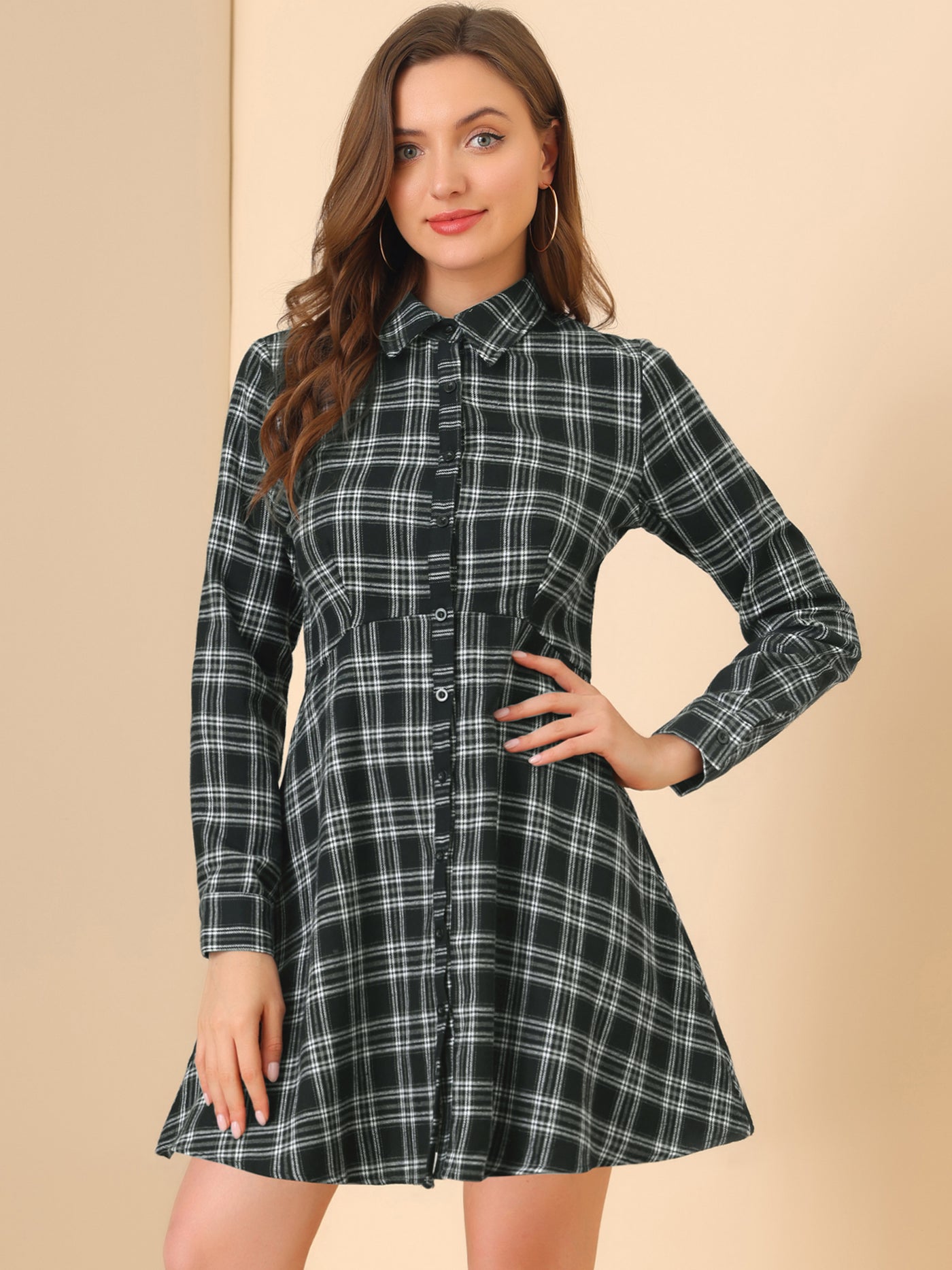 Allegra K Plaids Button Down Cotton Mini A-Line Shirt Dress