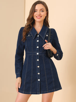 Denim Vintage Button Front Casual A-Line Shirt Dress
