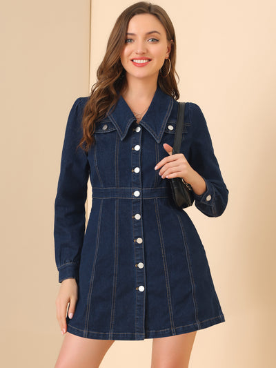 Allegra K Denim Vintage Button Front Casual A-Line Shirt Dress