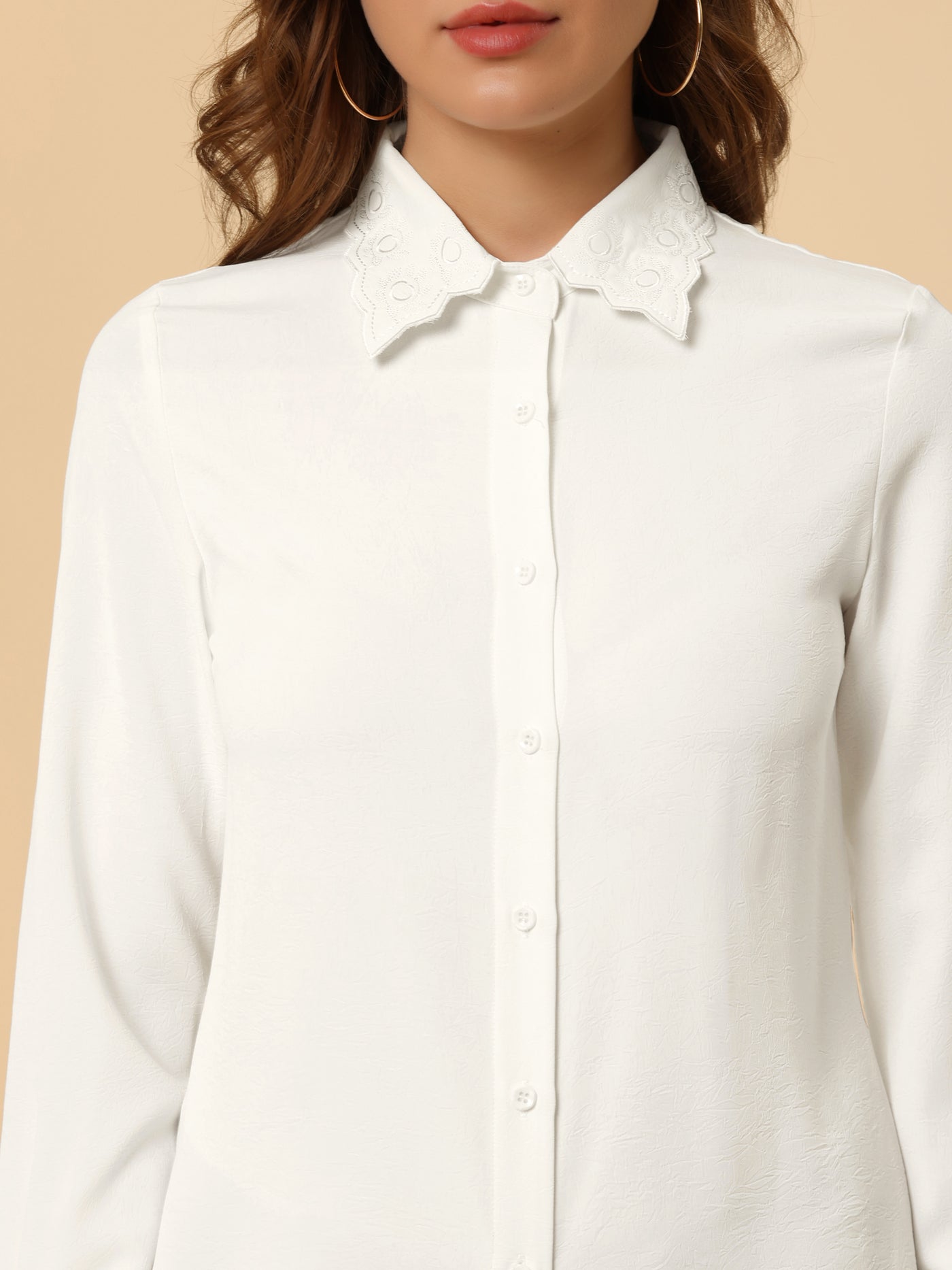 Allegra K Embroidered Collar Long Sleeve Office Button Up Shirt Top