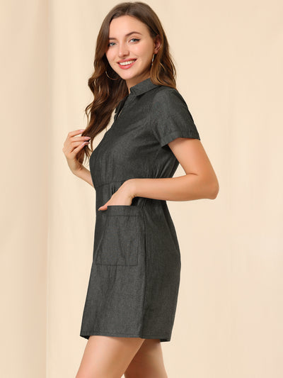 Chambray Collared V Neck A-Line Shirt Denim Dress with Pockets