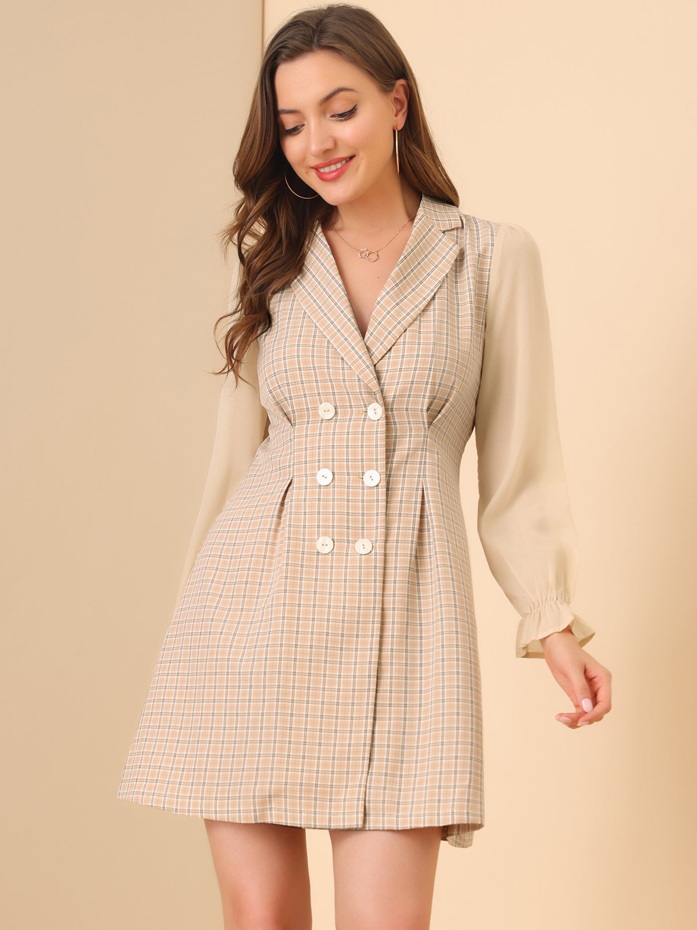 Allegra K Plaid Notched Lapel Double Breasted Cuff Long Sleeve Blazer Dress
