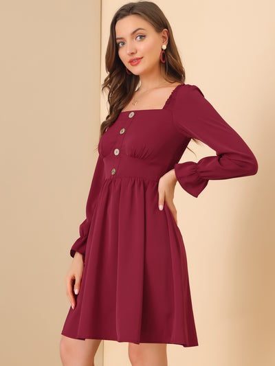 Square Neck Button Decor Solid Long Sleeve Smocked Dress