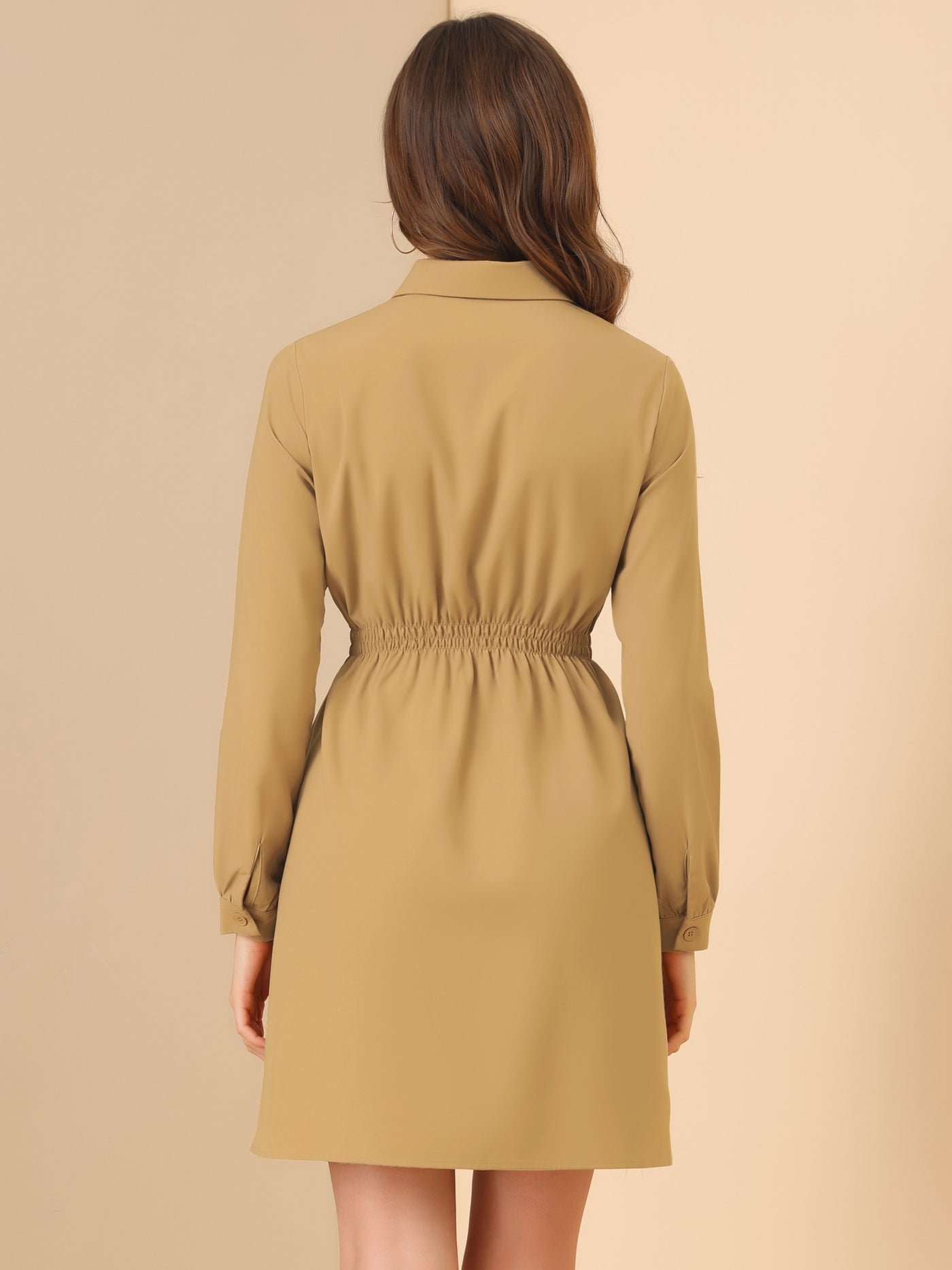 Allegra K Smocked Waist A-Line Long Sleeve Button-Down Casual Shirt Dress
